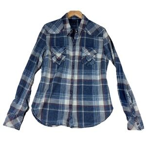 True Religion Long Sleeve Pearl Snap Shirt Mens Sz M -RUNS SMALL- Plaid Western
